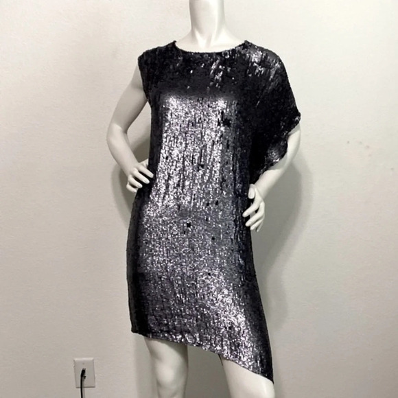 Intermix Gray Sequin Asymmetrical Shift Dress Knee Length Silk Size S - Picture 1 of 8